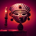 Peruvian Mayan Mask on stand in studio. Multi color. Studio Backdrop.