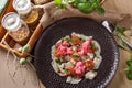 Peruvian seafood dish Ceviche served with watermelon balls