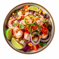 Peruvian-style mixto ceviche with assorted seafood marinated in citrus juices with onions, cilantro and rocoto peppers Royalty Free Stock Photo