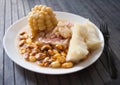 Peruvian traditional dish.fish ceviche with yuka and corn