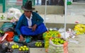 Peruvian traditionaly dressed woman at market Royalty Free Stock Photo