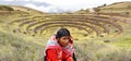 Peruvian woman and Moray inca ruins
