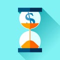 Time is money. Hourglass and dollar icons in flat style, sandglass timer on color background. Vector design