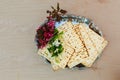 Pesach matzo with wine and matzoh jewish passover bread