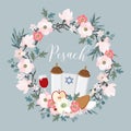 Pesach, Passover greeting card. Hand drawn floral wreath with torah, Jewish star, egg, apple, glass of wine, olive