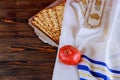 Pesach Passover symbols of great Jewish holiday. Traditional matzoh, matzah or matzo