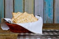 Pesach passover symbols of great Jewish holiday. Traditional matzoh, matzah or matzo