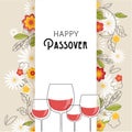 Pesah celebration concept , jewish Passover holiday. Greeting card with four wine glasses and spring flowers