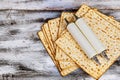 Pesah celebration concept jewish Torah scroll during Passover holiday matzah