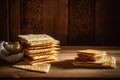 Pesah celebration concept jewish Passover holiday. Matzo bread. Neural network AI generated