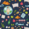 Pesah celebration concept , jewish Passover holiday seamless pattern. Traditional Passover icons and symbols , four wine