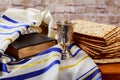 Pesah celebration concept jewish Passover holiday . Traditional book with text in hebrew: Passover Haggadah