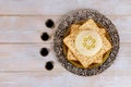 Pesah holiday celebration, matza unleavened bread and four cup kosher wine Royalty Free Stock Photo