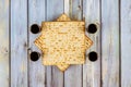 Pesah holiday celebration, matza unleavened bread and four cup kosher wine Royalty Free Stock Photo