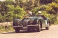 PESARO COLLE SAN BARTOLO, ITALY - MAY 17 - 2018: JAGUAR XK 120 LIGHTWEIGHT 1950 old racing car in Mille Miglia rally 2018 the famo