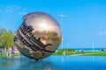Pesaro, Italy, September 30, 2021: Giant sphere of A. Pomodoro in Pesaro
