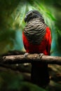 Pesquet parrot, Psittrichas fulgidus, rare bird from New Guinea. Ugly red and black parrot in the nature habitat, dark green Royalty Free Stock Photo