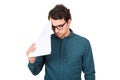 Pessimistic businessman looking down upset, as holds different paper documents on white background. Confused business