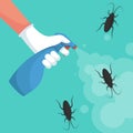 Pest control banner concept. Man exterminator holds a sprayer in hands spraying pesticide