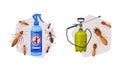 Pest Control with Chemical in Bottle and Ants Vector Set