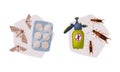 Pest Control with Chemical in Bottle, Repellent Pills and Moth Vector Set
