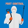 Pest Control exterminator in protective suit and mask with sprayer