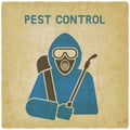 Pest Control Exterminator in protective suit vintage background