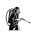 Pest Control Exterminator Spraying Side Retro Woodcut Black and White