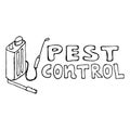 Pest control. Lettering with garden Insecticide sprayer as backpack with lever. Hand drawing sketch agricultural tool vector