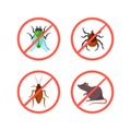 Pest Control Prohibition Signs or Icons with Beetle, Cockroach, Rat or Mouse Wand, Fly and Tick in Crossed Red Circles