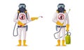 Pest Control Service with Equipped Man in Protective Suit Holding Chemical Cylinder Vector Set