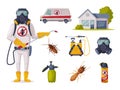 Pest Control Service, Exterminator Wearing Protection Uniform with Exterminating and Protecting Equipment Vector