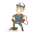 Pest control service killing cockroach and holding pest sprayer Royalty Free Stock Photo