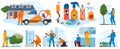 Pest control services, insects exterminator with insecticide spray and in protection cloths flat icons isolated vector