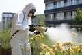 Pest control technician in mask and suit effectively sprays potent gas to exterminate pests