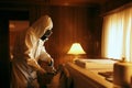 Pest control technician in protective suit effectively spraying poisonous gas to eliminate pests