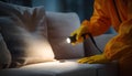 Pest control worker examines a home sofa for cockroaches and other pests using a flashlight. This inspection aims for Royalty Free Stock Photo