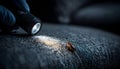 Pest control worker examines a home sofa for cockroaches and other pests using a flashlight. This inspection aims for Royalty Free Stock Photo