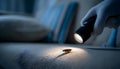 Pest control worker examines a home sofa for cockroaches and other pests using a flashlight. This inspection aims for Royalty Free Stock Photo
