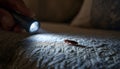 Pest control worker examines a home sofa for cockroaches and other pests using a flashlight. This inspection aims for Royalty Free Stock Photo