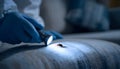 Pest control worker examines a home sofa for cockroaches and other pests using a flashlight. This inspection aims for Royalty Free Stock Photo