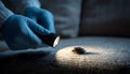 Pest control worker examines a home sofa for cockroaches and other pests using a flashlight. This inspection aims for Royalty Free Stock Photo