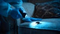 Pest control worker examines a home sofa for cockroaches and other pests using a flashlight. This inspection aims for Royalty Free Stock Photo