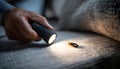 Pest control worker examines a home sofa for cockroaches and other pests using a flashlight. This inspection aims for Royalty Free Stock Photo