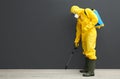 Pest control worker in protective suit spraying pesticide near black wall. Space for text Royalty Free Stock Photo
