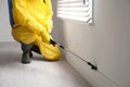 Pest control worker in protective suit spraying pesticide near window, closeup Royalty Free Stock Photo