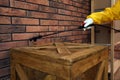 Pest control worker spraying pesticide on wooden crate indoors, closeup Royalty Free Stock Photo