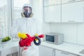 Pest control worker standing with sprayer in kitchen Royalty Free Stock Photo