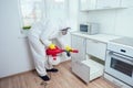 Pest control worker standing with sprayer in kitchen Royalty Free Stock Photo