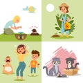 Pest in garden, insect flat vector illustration. Character woman with poison, children cry, cat get mouse, female repel Royalty Free Stock Photo